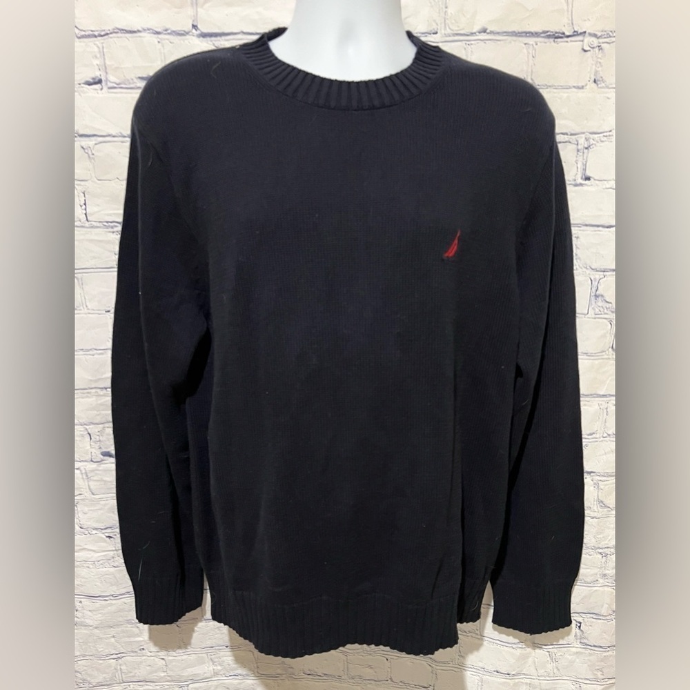 NAUTICA Men's Navy Blue Sweater Round Neck Long Sleeve Logo Cotton Large